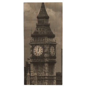 Vintage England London post office tower Big ben Wood Flash Drive