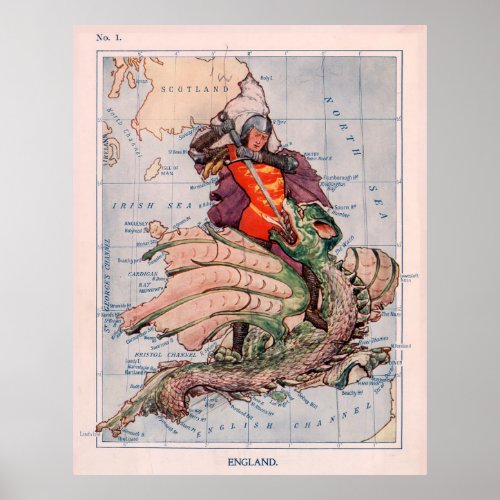Vintage England Map  St George Slaying a Dragon Poster