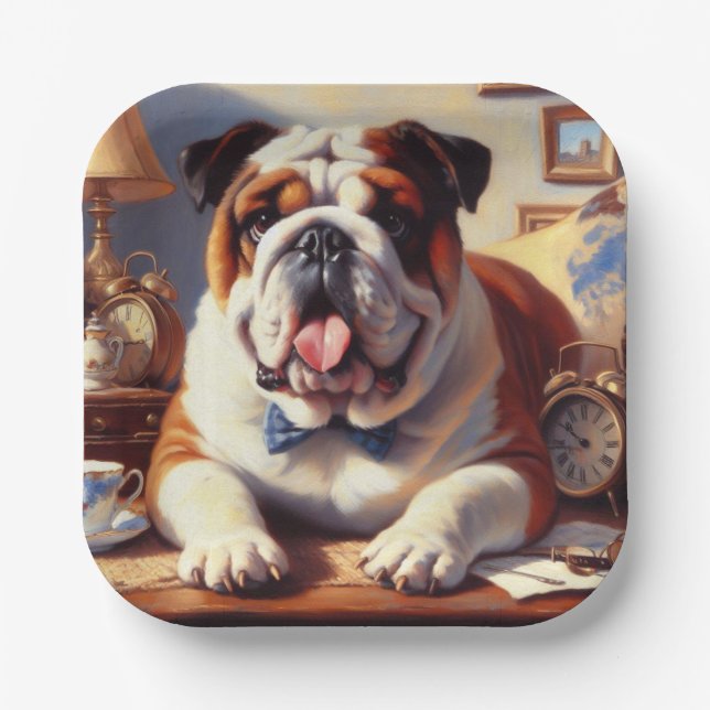Vintage English Bulldog Illustration Paper Plates (Front)