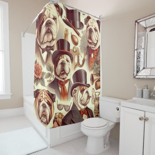 Vintage English Bulldog  Seamless Illustration Shower Curtain (In Situ)