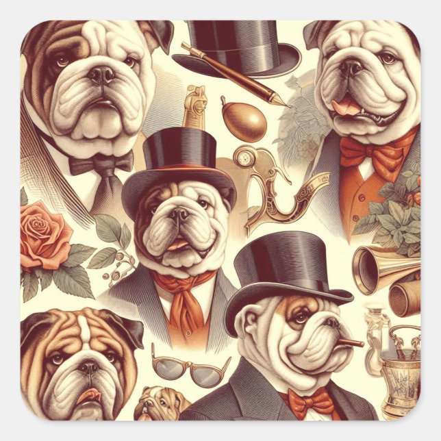 Vintage English Bulldog  Seamless Illustration Square Sticker (Front)