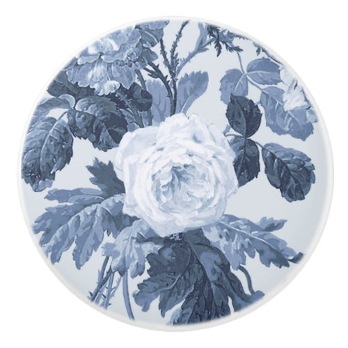 Vintage English Cottage Floral Dusty Blue White 1 Ceramic Knob