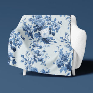 Vintage English Floral Blue White Elegant Home LG Sherpa Blanket