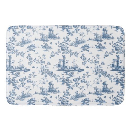 Vintage English Floral Toile de Jouy_Blue Bath Mat