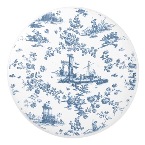 Vintage English Floral Toile de Jouy_Blue Ceramic Knob