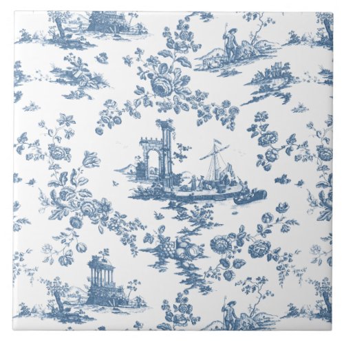 Vintage English Floral Toile de Jouy_Blue Ceramic Tile