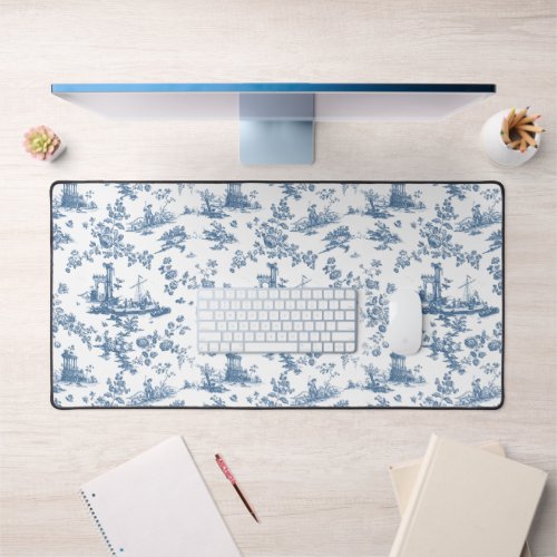 Vintage English Floral Toile de Jouy_Blue Desk Mat