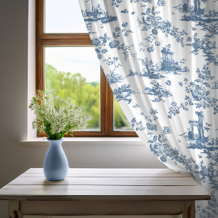 Vintage English Floral Toile de Jouy-Blue Sheer Curtains
