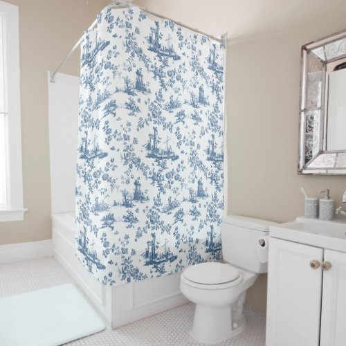 Vintage English Floral Toile de Jouy_Blue Shower Curtain