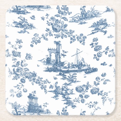 Vintage English Floral Toile de Jouy_Blue Square Paper Coaster