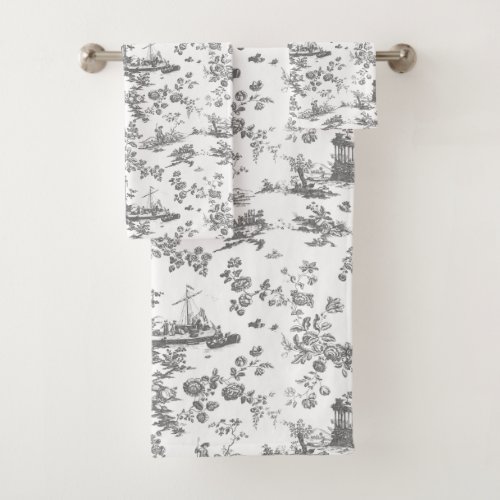 Vintage English Floral Toile de Jouy_Grey Bath Towel Set