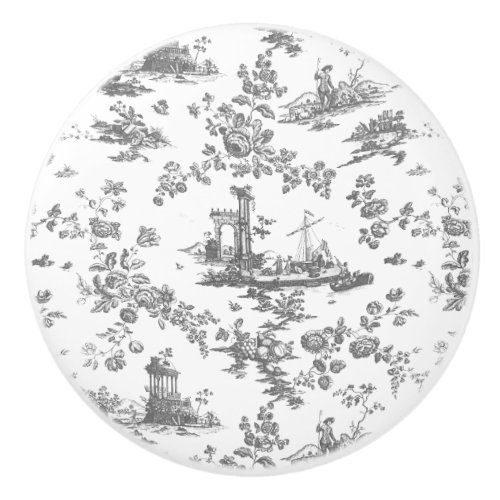 Vintage English Floral Toile de Jouy_Grey Ceramic Knob