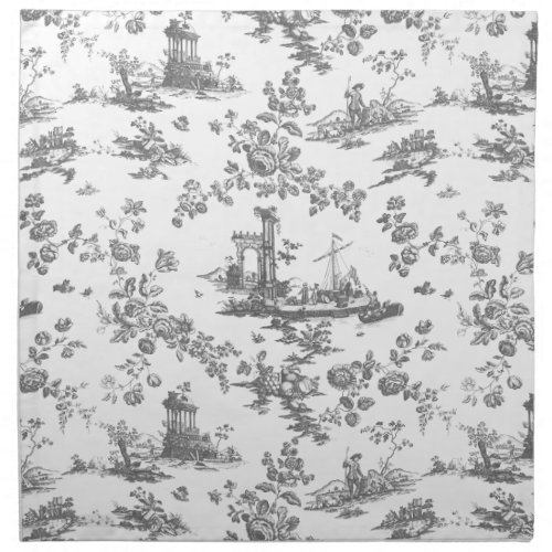 Vintage English Floral Toile de Jouy_Grey Cloth Napkin