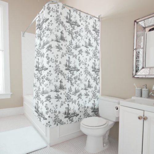 Vintage English Floral Toile de Jouy_Grey Shower Curtain