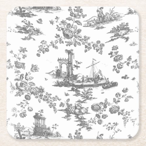 Vintage English Floral Toile de Jouy_Grey Square Paper Coaster