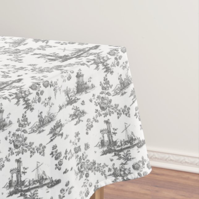 Vintage English Floral Toile de Jouy-Grey Tablecloth (In Situ)