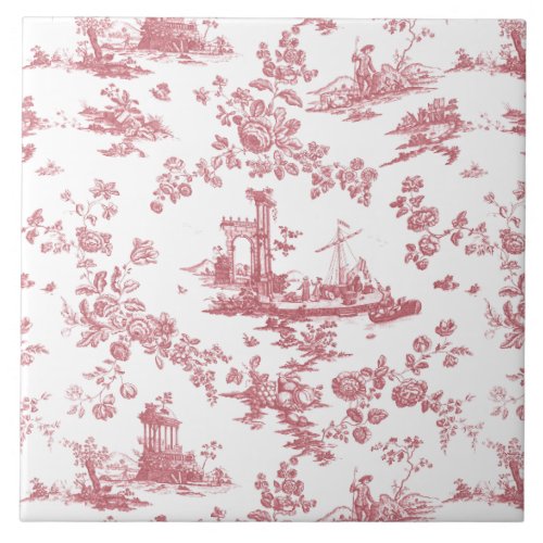 Vintage English Floral Toile de Jouy_Pink Ceramic Tile