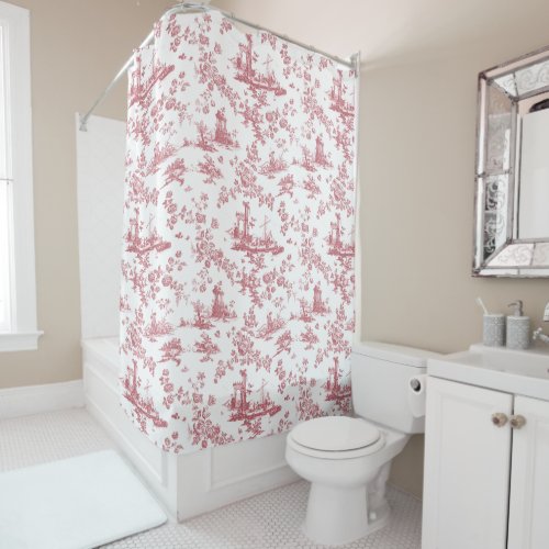 Vintage English Floral Toile de Jouy_Pink Shower Curtain