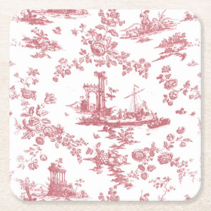 Vintage English Floral Toile de Jouy-Pink Square Paper Coaster