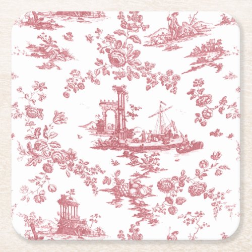 Vintage English Floral Toile de Jouy_Pink Square Paper Coaster