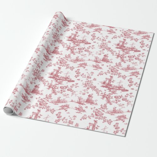 Vintage English Floral Toile de Jouy_Pink Wrapping Paper