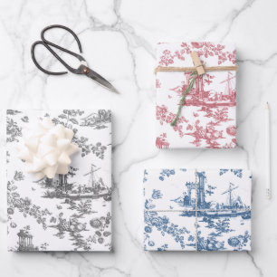 Vintage English Floral Toile-Pink, Blue, Grey Wrapping Paper Sheets