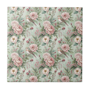 Vintage English Garden Bird & Rose Floral Pattern Ceramic Tile