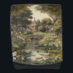 Vintage English Garden Swan Heritage Aesthetic  Backpack<br><div class="desc">Carry a piece of the Victorian countryside wherever you go with this elegant vintage botanical backpack. Featuring a romantic scene of graceful swans on a serene lily pond, this design is inspired by 19th-century pastoral oil paintings. The rich greenery and classic stone bridge detail make this a sophisticated choice for...</div>