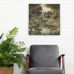 Vintage English Garden Swan Oil Painting Style Framed Art