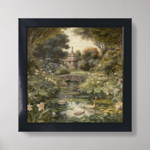 Vintage English Garden Swan Oil Painting Style Framed Art