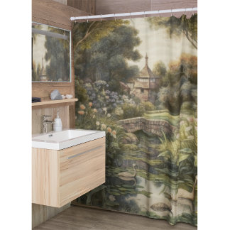 Vintage English Garden Swan Picturesque Mural Shower Curtain