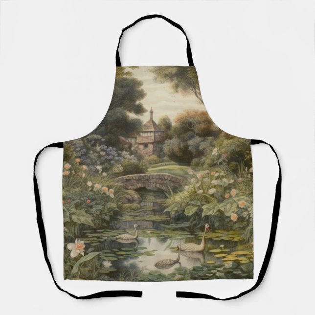 Vintage English Garden Swan Romantic Artistic Apron (Front)