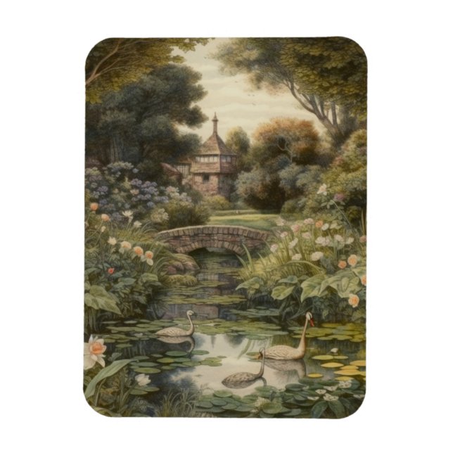 Vintage English Garden & Swans Botanical Art Magnet (Vertical)