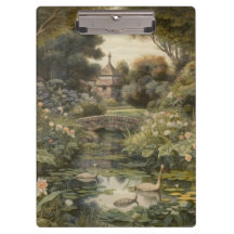 Vintage English Garden & Swans Botanical Scene