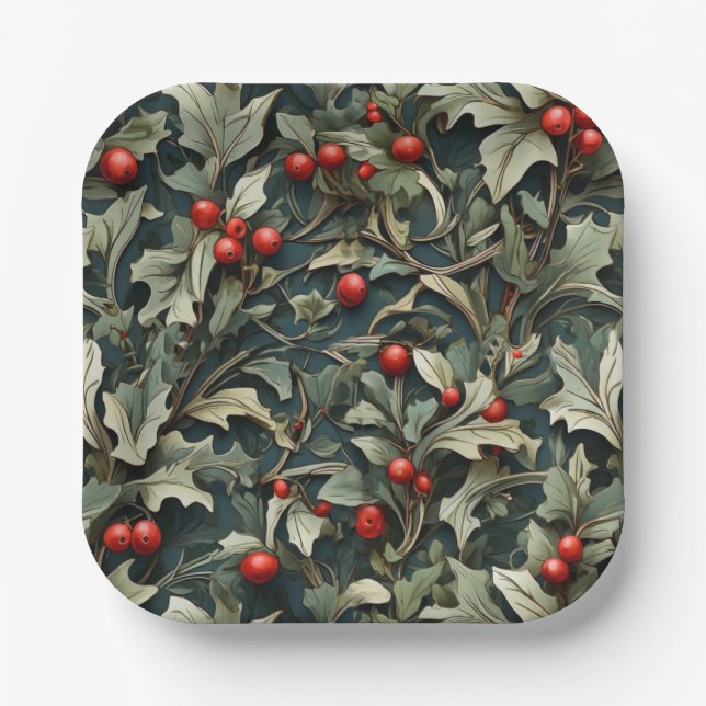 Vintage English Holly berry botanical  Paper Plates (Front)