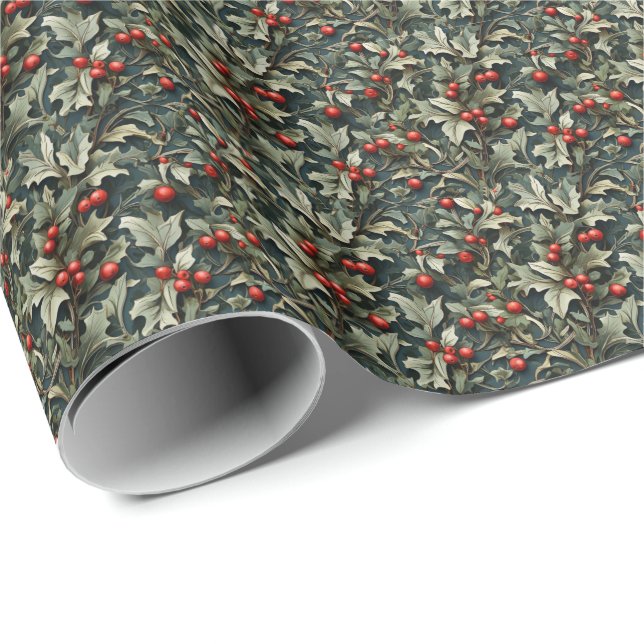 Vintage English Holly berry botanical  Wrapping Paper (Roll Corner)