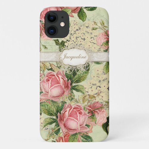 Vintage English Pink Rose Lace n White Hydrangea iPhone 11 Case