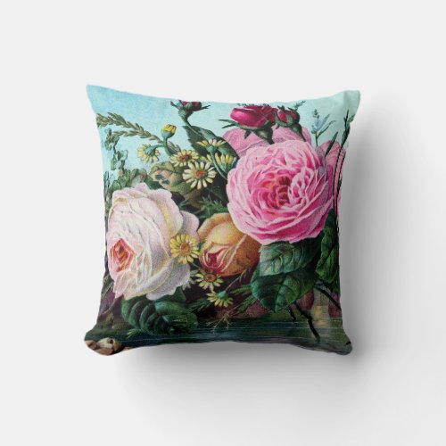 Vintage English Roses Floral Print Shabby Chic old Throw Pillow