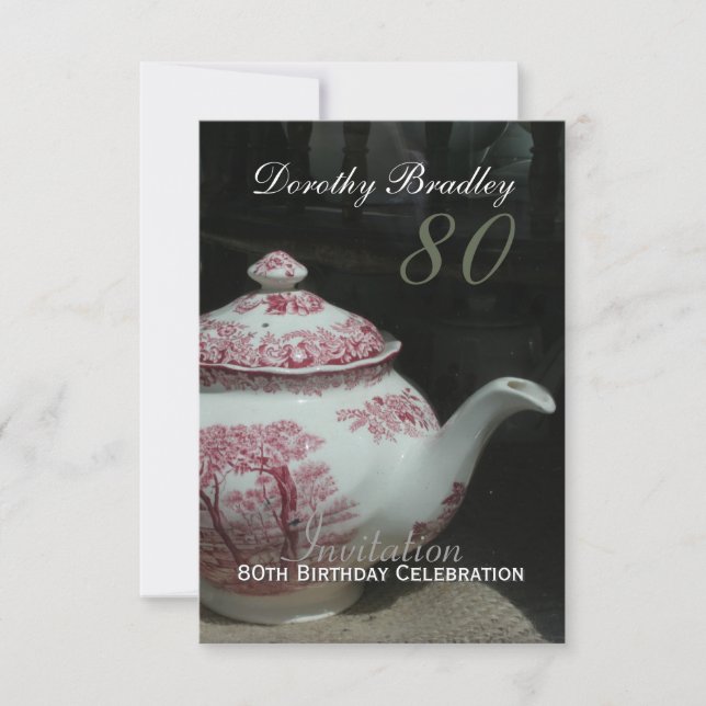 Vintage English Teapot 80th Birthday Invitation (Front)