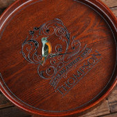 Vintage Engraved Bird Round Dark Wood Serving Tray (Top)