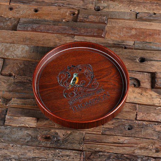 Vintage Engraved Bird Round Dark Wood Serving Tray (Top)