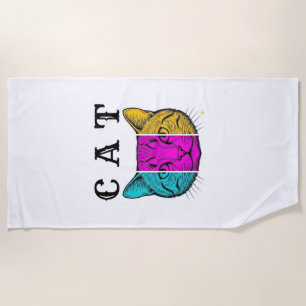 Vintage Engraved Cat Color Block Graphic Design_1 Beach Towel