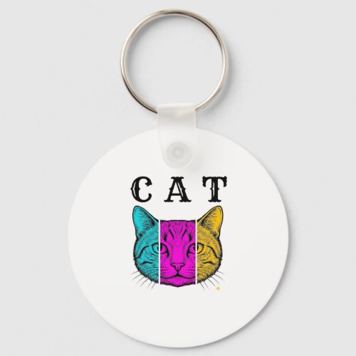Vintage Engraved Cat Color Block Graphic Design_1 Keychain