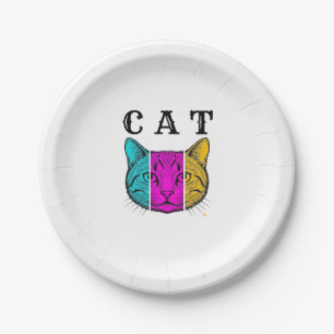 Vintage Engraved Cat Color Block Graphic Design_1 Paper Plates