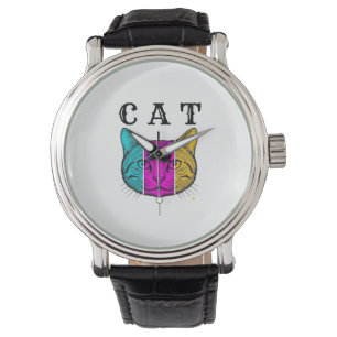 Vintage Engraved Cat Color Block Graphic Design_1 Watch
