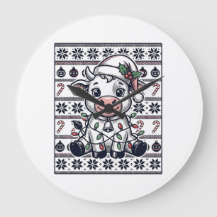 Vintage Engraved Christmas Cow Ugly Sweater Design Large Clock