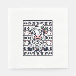 Vintage Engraved Christmas Cow Ugly Sweater Design Napkins