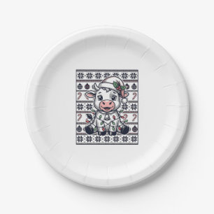 Vintage Engraved Christmas Cow Ugly Sweater Design Paper Plates