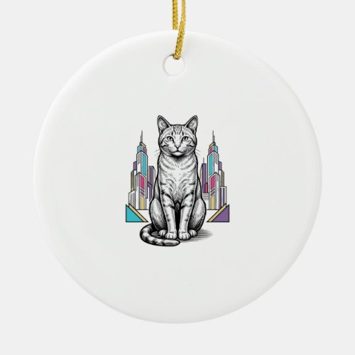 Vintage Engraved Cyber Cat City Vector Art_1 Ceramic Ornament