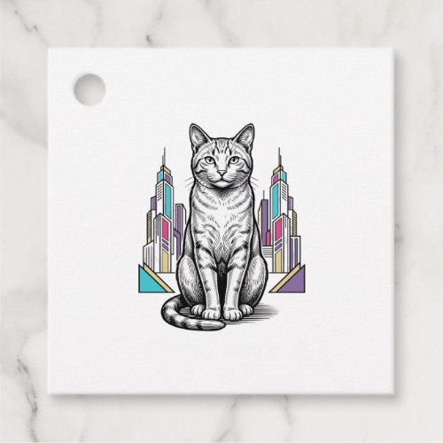 Vintage Engraved Cyber Cat City Vector Art_1 Favor Tags